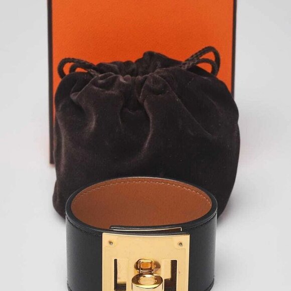 Hermes Black Box Leather Gold Plated Kelly Dog Bracelet - Picture 2 of 7